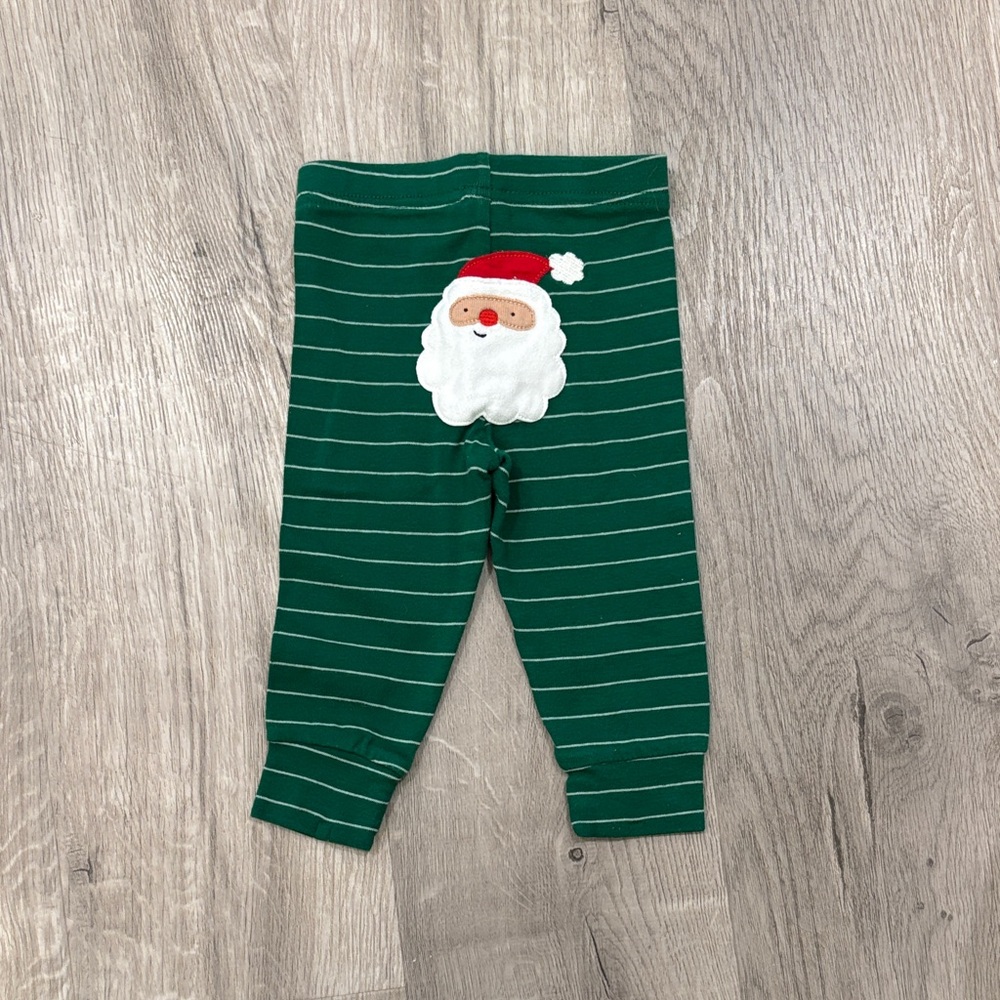 Festive Green Striped Kids Leggings with Santa Patch